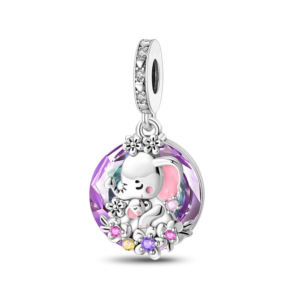 Silver Elephant Mom & Baby Charm Pendant with Purple and Pink Accents
